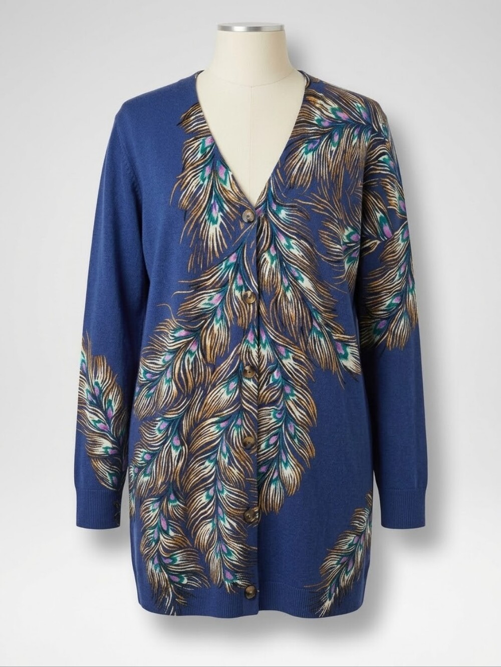 Chicos NWT Blue Feather-Print V-Neck Button Sweater, Size Large/2